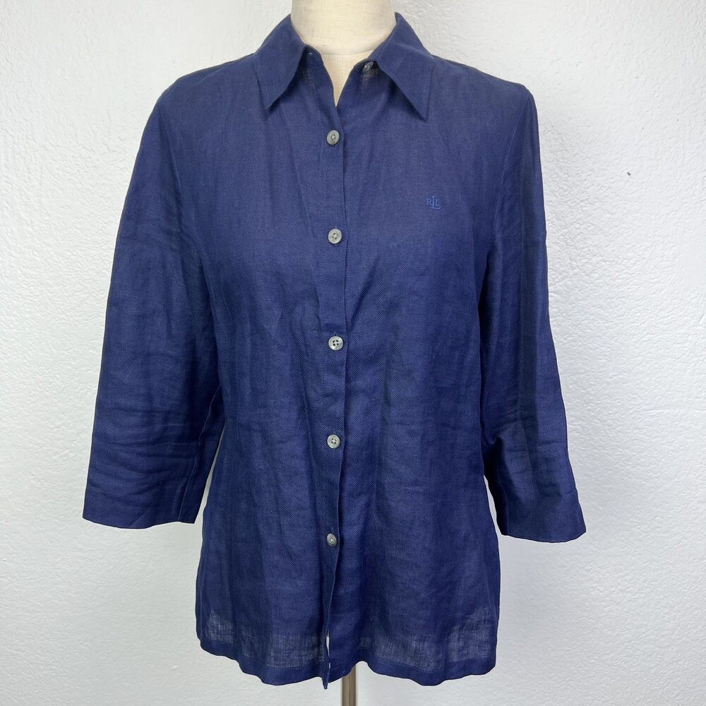 Lauren Ralph Lauren Womens Navy 100% Linen 3/4 Sleeve Button Down Shirt Size S